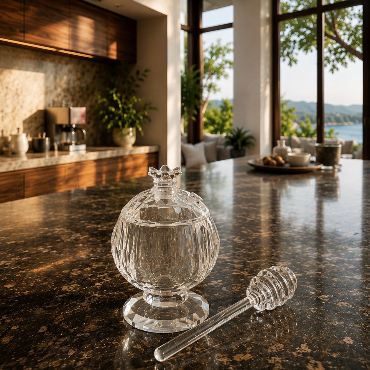 Silver Crystal Honey Pot with Honey Dipper