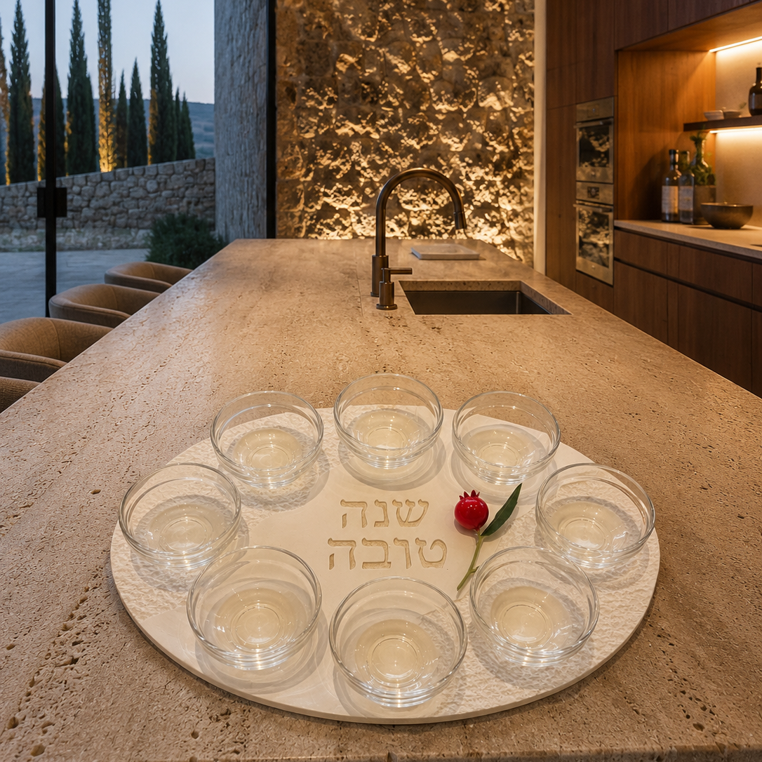 White Concrete Rosh Hashanah Plate with 8 Glass Bowls