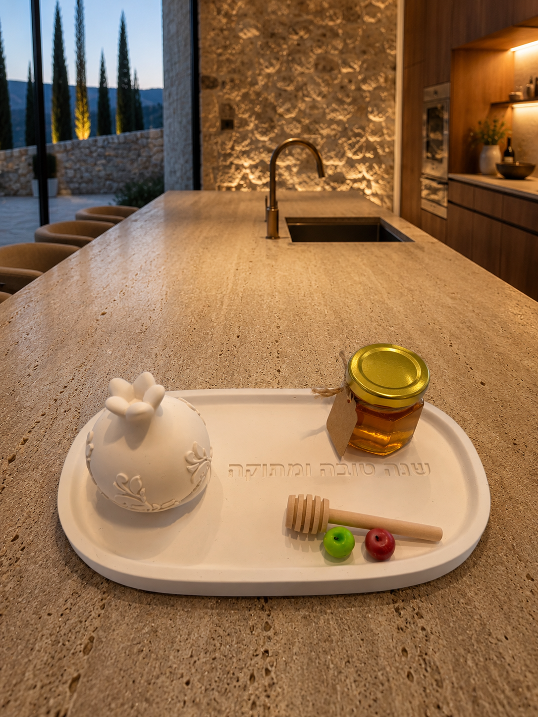 Concrete Rosh Hashanah Plate with Honey Dish & Pomegranate