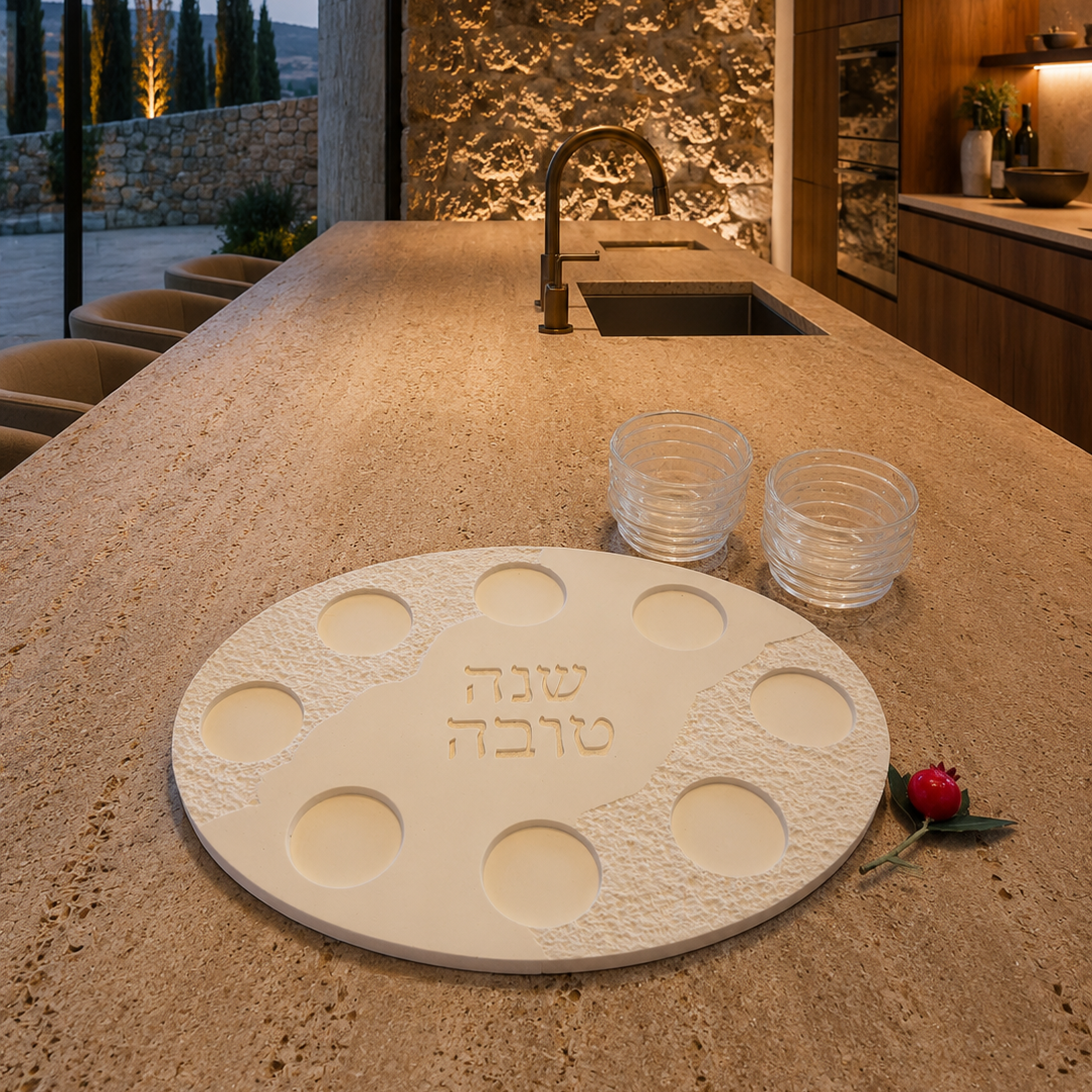 White Concrete Rosh Hashanah Plate with 8 Glass Bowls